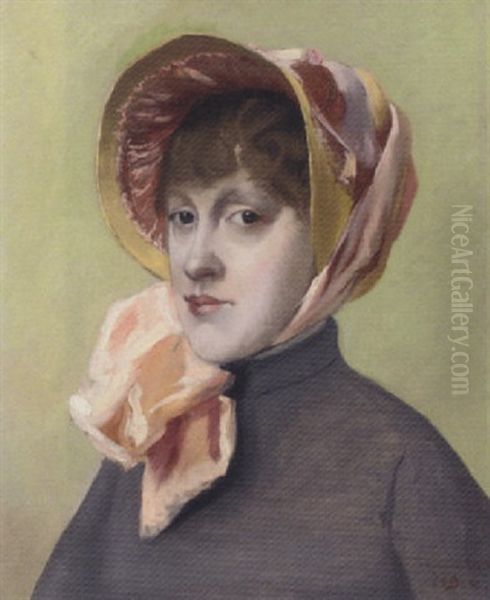 Portrait Of A Girl, Head And Shoulders, In A Pink Bonnet And Grey Coat Oil Painting by Jacques-Emile Blanche