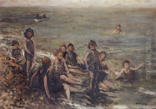 Enfants Au Bain, Dieppe Oil Painting by Jacques-Emile Blanche