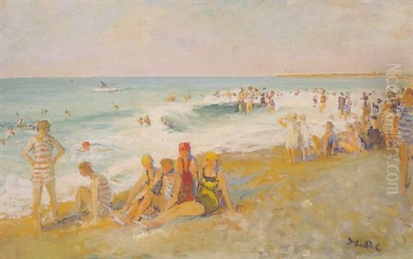 Baignade Sur La Plage De Dieppe, Le Soir Oil Painting by Jacques-Emile Blanche