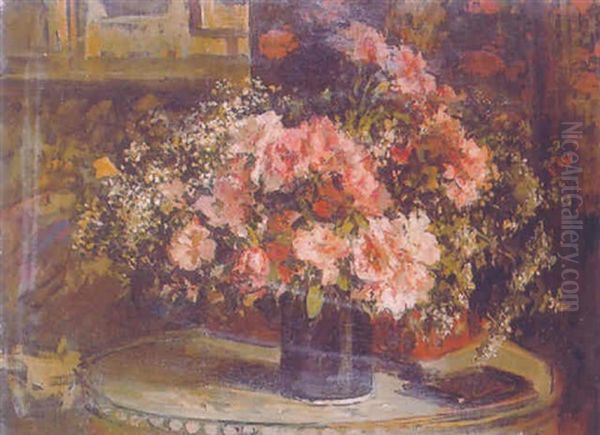 Pivoines Dans Un Vase Sur La Table Bouillotte Oil Painting by Jacques-Emile Blanche