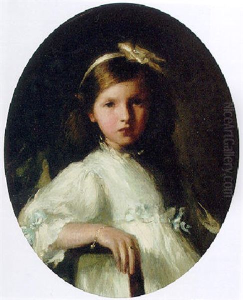 Portrait Of A Young Girl Wearing A White Dress And Wearing A Ribbon In Her Hair Oil Painting by Jacques-Emile Blanche