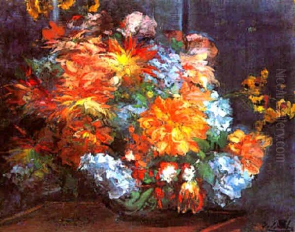 Bouquet De Dalhias Oil Painting by Jacques-Emile Blanche