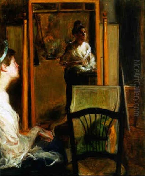 Young Woman Looking In A Mirror Oil Painting by Jacques-Emile Blanche