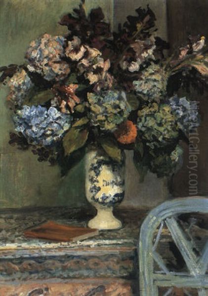 Hydrangeas In A Blue Vase Oil Painting by Jacques-Emile Blanche