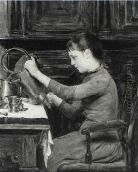 A Young Girl Polishing The Copper Oil Painting by Jacques-Emile Blanche