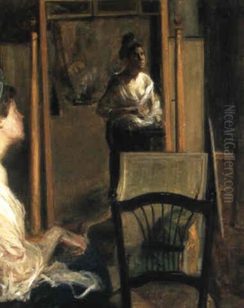 Young Woman Looking Into A Mirror Oil Painting by Jacques-Emile Blanche