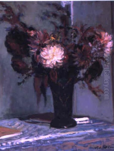 Roses And Chrysanthemums In A Vase On A Table Oil Painting by Jacques-Emile Blanche