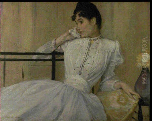 Jeune Femme En Robe Blanche, Mademoiselle Henriette Chabot Oil Painting by Jacques-Emile Blanche