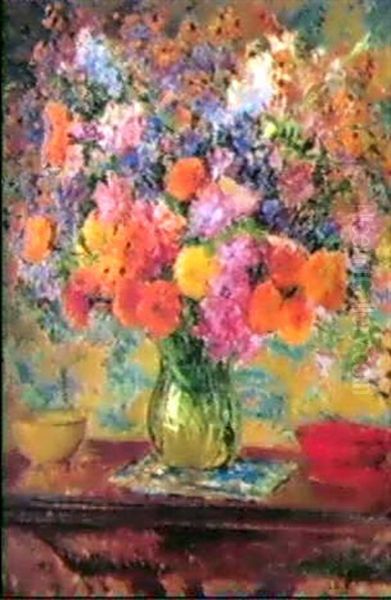 Bouquet De Fleurs Au Vase Vert Oil Painting by Jacques-Emile Blanche