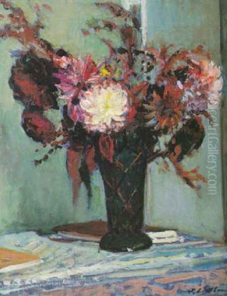 Chrysanthemums In A Vase Oil Painting by Jacques-Emile Blanche