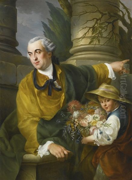 Portrait Of Charles Claude De Flahault De La Billarderie, Comte D'angiviller, Three-quarter Length, With A Child Holding A Basket Of Flowers Oil Painting by Louis Gabriel Blanchet