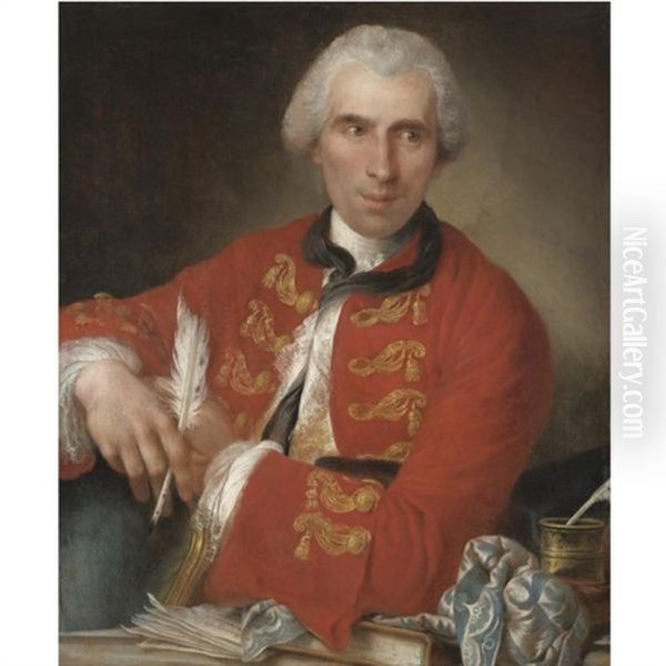 Portrait Of A Gentleman,said To Be A Member Of The French Academy In Rome, Seated At His Desk, Wearing A Red Coat With White Chemise, Holding A Quill, A Letter And A Book In Front Of Him Oil Painting by Louis Gabriel Blanchet