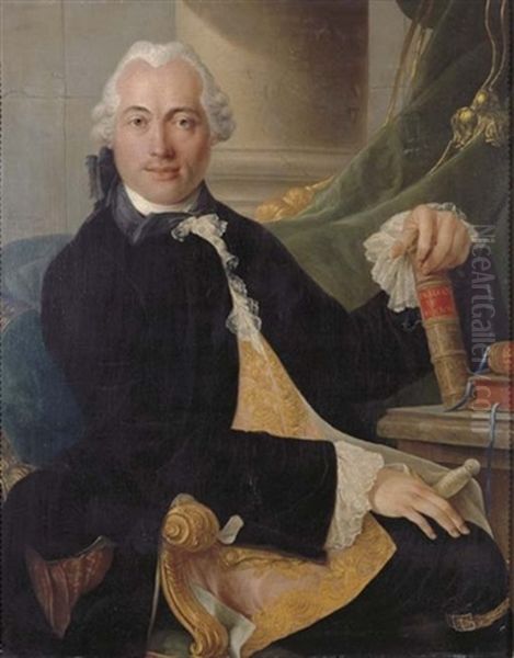 Portrait Of A Gentleman, Three-quarter-length, Seated, In A Black Coat And Embroidered Waistcoat, His Left Hand Resting On A Book Oil Painting by Louis Gabriel Blanchet