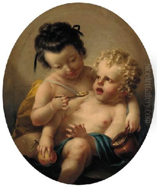 A Young Girl Feeding Another Child Oil Painting by Louis Gabriel Blanchet