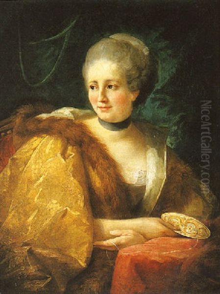 Portrait De Jeune Femme A La Draperie Jaune Tenant Un Devidoir Oil Painting by Louis Gabriel Blanchet