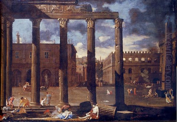 A Classical Architectural Capriccio With A Scene Of The Plague Oil Painting by Thomas Blanchet