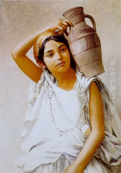 Jeune Kabyle A La Cruche Oil Painting by Jules Blancpain