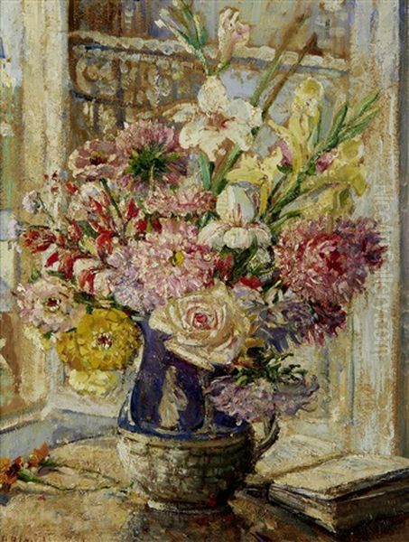 Asters In Wedgewood Jug Oil Painting by Emily Beatrice Bland