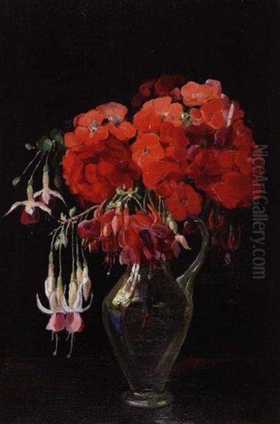 Fuchsias And Geraniums, Flowerpiece In Glass Pitcher Oil Painting by Emily Beatrice Bland