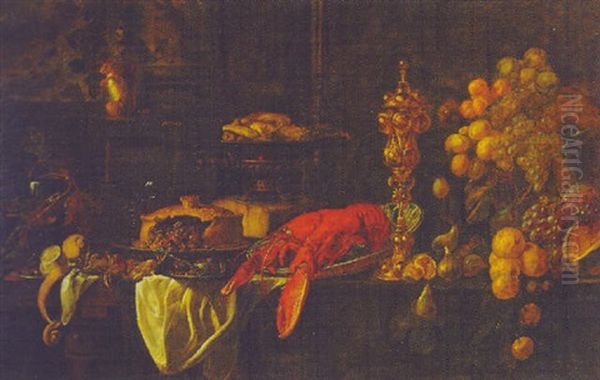 Still Life Of Feast Table With Lobster And Fruit Oil Painting by Emily Beatrice Bland