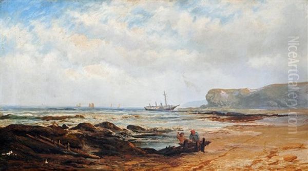 Beach Scene With Figures In The Foreground Oil Painting by John Francis Bland