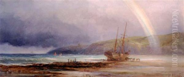 Beached Sailing Vessel With Figures, Whitby Abbey In The Distance Oil Painting by John Francis Bland