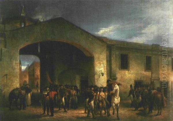 Un Grupo De Indios Ha Sido Detenido Y Se Les Da Entrada En La Cuidadela Oil Painting by Juan Manuel Blanes