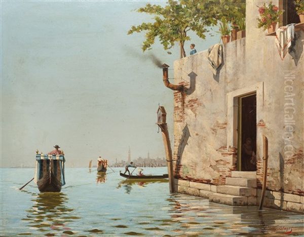 Gondoleros En Venecia Oil Painting by Nicanor Blanes