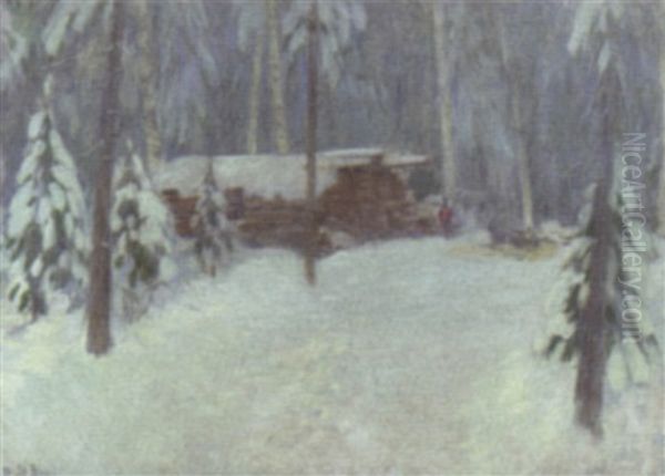 Forest Cabin In Winter Oil Painting by Dwight Blaney