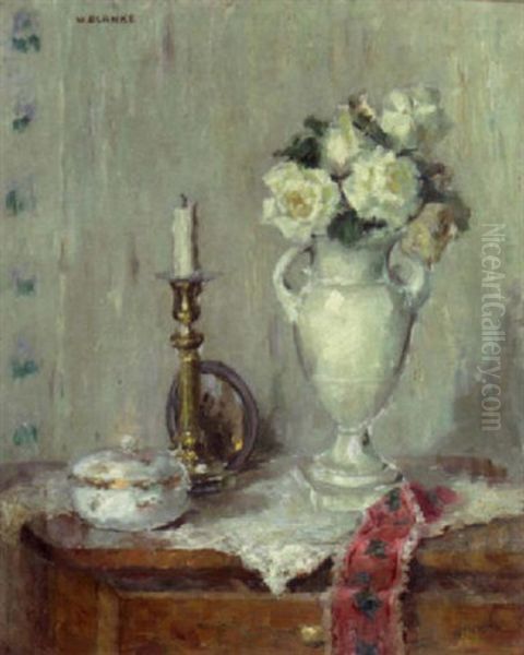 A Still Life With White Roses In A Vase On A Commode Oil Painting by Wilhelm Blanke