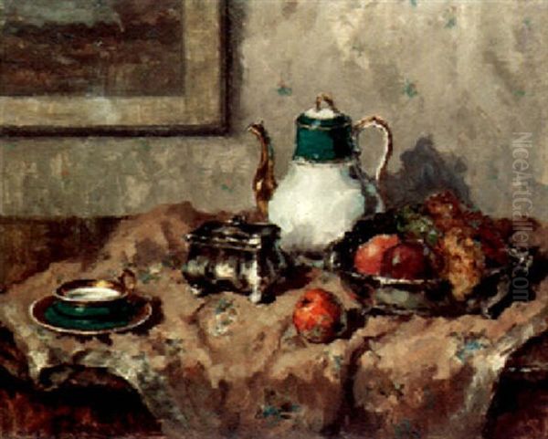 Still Life With China Coffee Pot, Cup And Bowl Of Fruit Oil Painting by Wilhelm Blanke