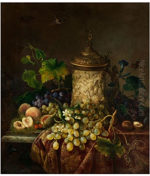 Groses Herbstliches Fruchtestillleben Mit Elfenbeinhumpen Und Insekten Oil Painting by Adolf Blankenburg