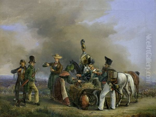 Marketenderin Mit Preussischen Kavalleristen Und Einem Garde-kurassier Zu Pferd, Im Hintergrund Ein Schlachtgetummel Oil Painting by Adolf Blankenburg