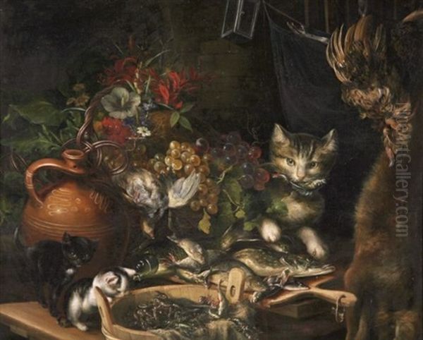 Stillleben Mit Hungriger Katzenfamilie by Adolf Blankenburg