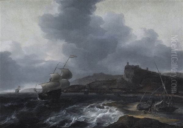 A Dutch Ship Leaving A Mediterrenean Harbour Oil Painting by Jan Theunisz Blankerhoff