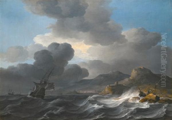 A Coastal Landscape With A Threemaster Lowering Sails As A Storm Approaches, A Ship Wrecked On The Lee Shore Nearby Oil Painting by Jan Theunisz Blankerhoff