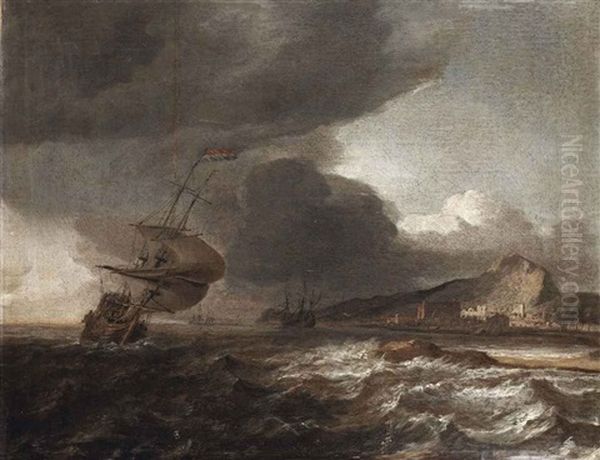 Ships In Stormy Waters Off A Coast Oil Painting by Jan Theunisz Blankerhoff