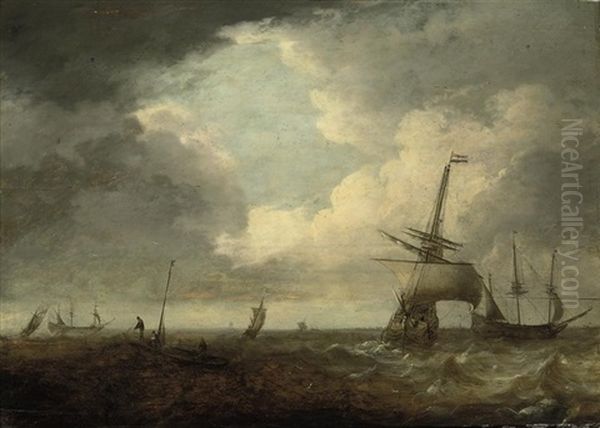 Dutch Men-o-war And Other Shipping In Choppy Waters Off A Coast Oil Painting by Jan Theunisz Blankerhoff