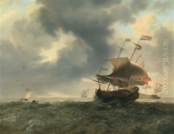 Schlachtschiffe Und Fischerboote In Sturmischer See Oil Painting by Jan Theunisz Blankerhoff