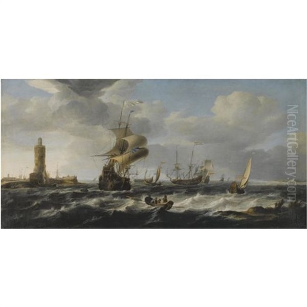 A River Estuary With Dutch Shipping In A Stiff Breeze, A Lighthouse To The Left Oil Painting by Jan Theunisz Blankerhoff