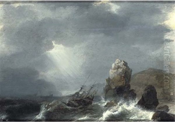 Shipping In Choppy Waters With A Rocky Coastal Landscape Beyond Oil Painting by Jan Theunisz Blankerhoff