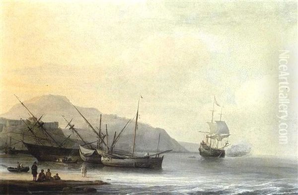 A Coastal Landscape With A Ship Careened For Caulking, Together With Other Sailing Boats And A Ship Firing A Salute Oil Painting by Jan Theunisz Blankerhoff