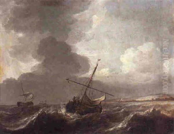 A Dutch Smalschip Letting Down Her Sails In Choppy Seas Oil Painting by Jan Theunisz Blankerhoff