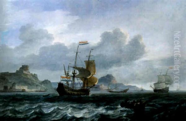 An Amsterdam Man-of-war Setting Out From Mediterranean Harbour by Jan Theunisz Blankerhoff