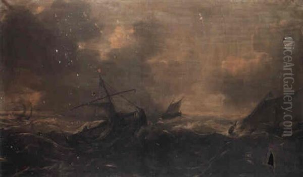 Hoeker And Smalschips In A Storm Oil Painting by Jan Theunisz Blankerhoff