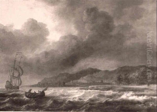 A Dutch Levanter In Choppy Seas Off The Coast Oil Painting by Jan Theunisz Blankerhoff