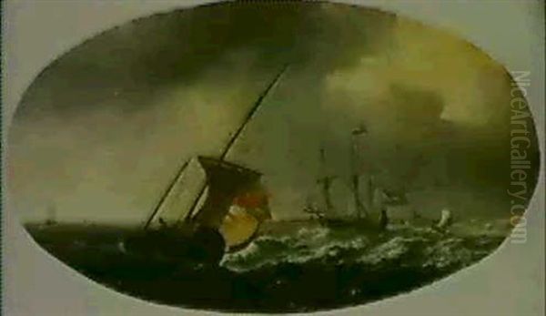 Ein Dreimaster Und Ein Fischerboot Vor Der Kuste Oil Painting by Jan Theunisz Blankerhoff