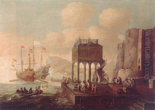 A Cappriccio Of A Mediterranean Harbour With Oriental Merchants Beneath A Covered Market Beside A Fortification Oil Painting by Antoon Blankert