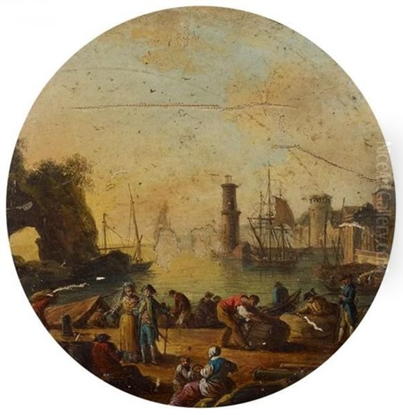 Marine, Idealtypische Ansicht Eines Hafens Mit Zahlreichen Figuren Im Vordergrund Oil Painting by Henri-Joseph van Blarenberghe