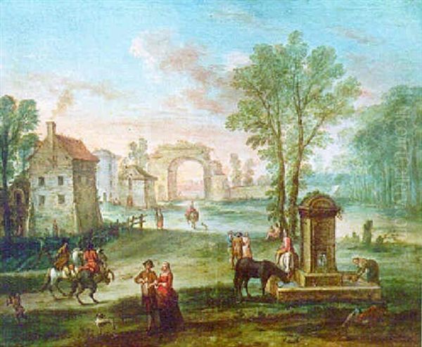 Promeneurs Et Cavaliers Pres D'une Fontaine Oil Painting by Henri-Joseph van Blarenberghe